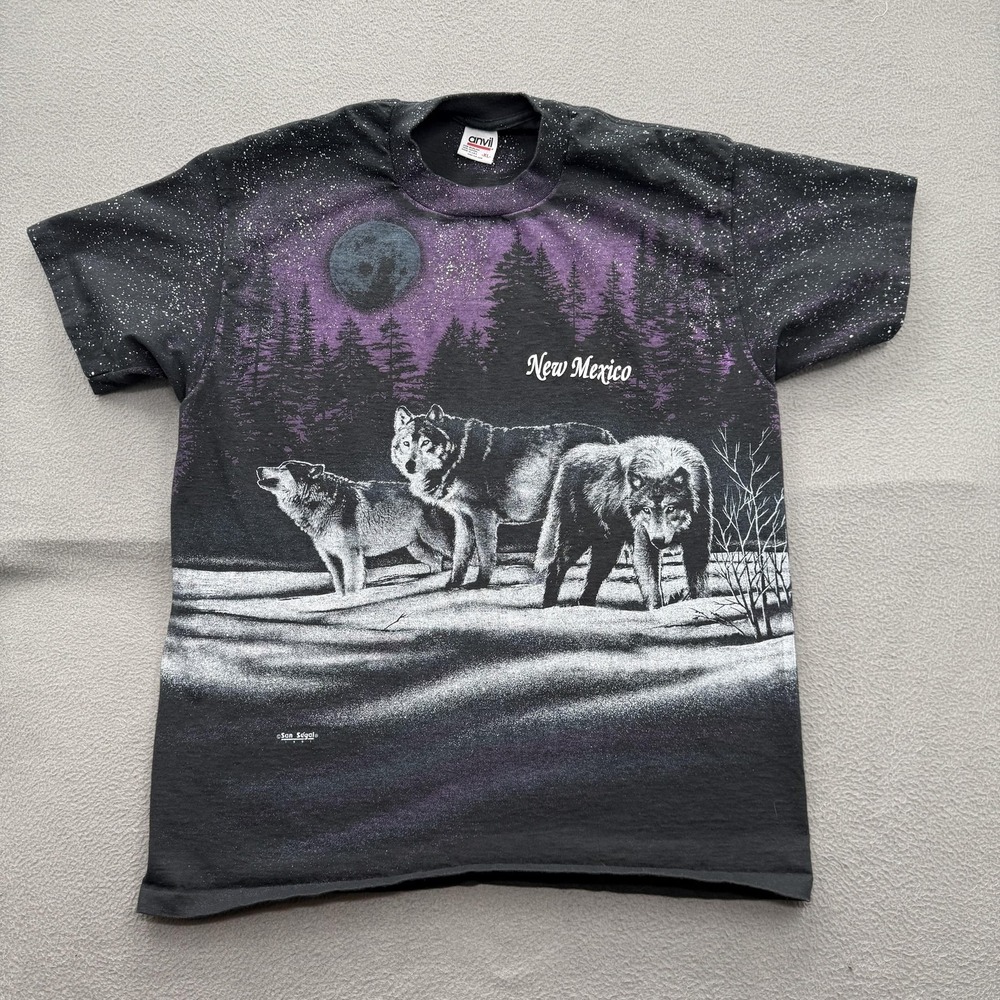 Vintage Anvil Shirt Mens XL Black Wolves New Mexico Moon Graphic Tee 1991 USA